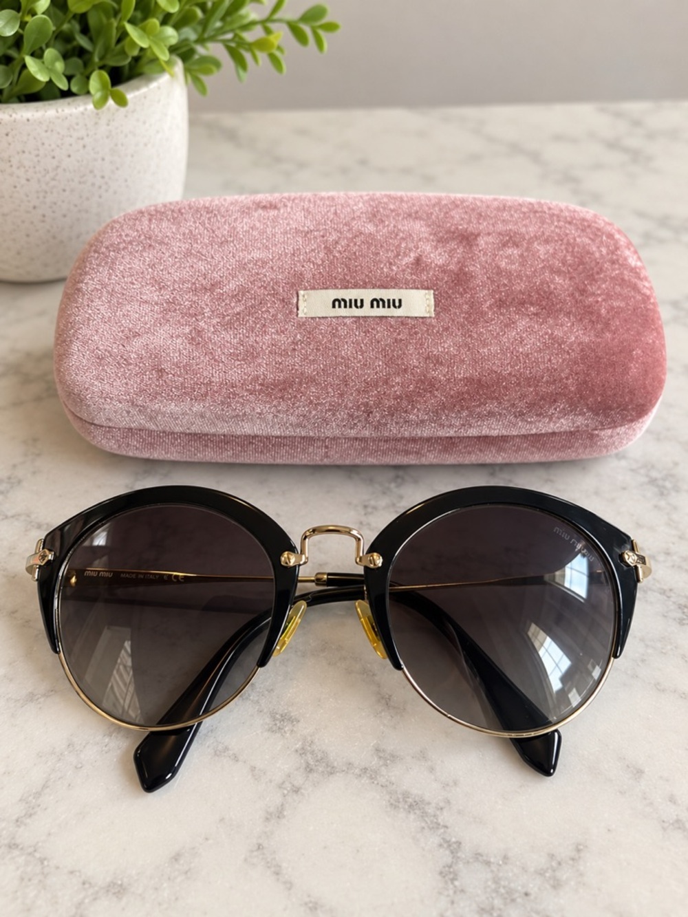 Miu Miu Black & Gold Round Sunglasses with Pink Velvet Case